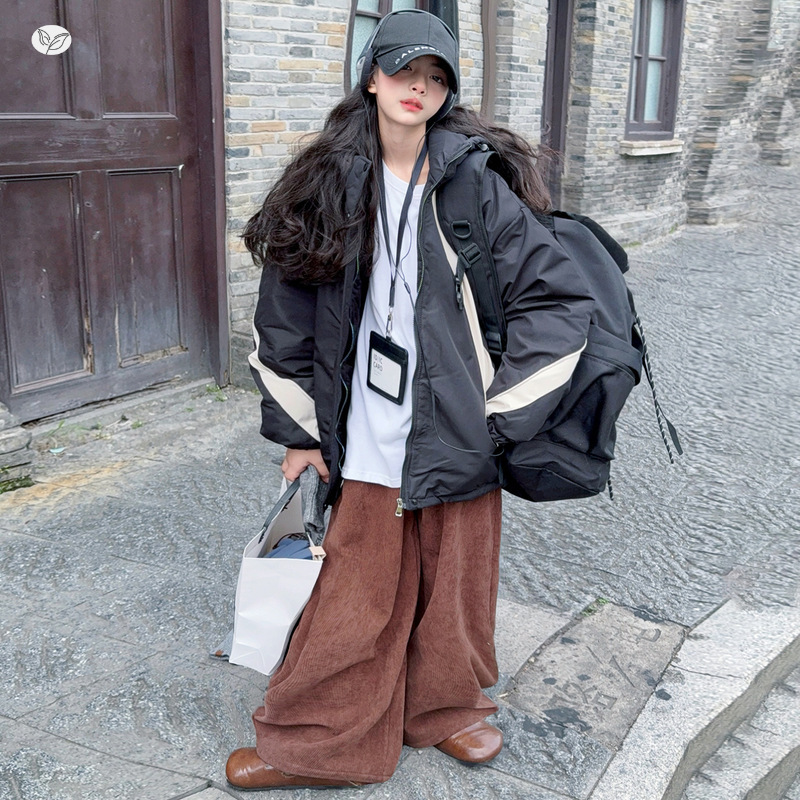 女童2025年秋冬新款个性撞色派克服冬装外套灯芯绒弯刀阔腿裤套装，童装休闲套装，祺儿童装