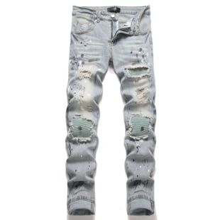 外贸街头风油漆做旧牛仔裤男复古蓝朋克破洞贴布修身休闲小脚长裤