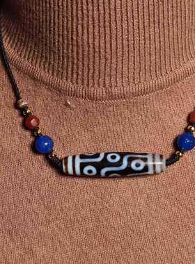 西藏黑白风化9眼天珠S925蓝玛瑙雕刻件手工编织女士短项链锁骨链