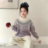 女童2025年冬季新款紫藤萝色系软糯毛衣女大童费尔岛提花针织毛衣，童装毛衣，祺儿童装
