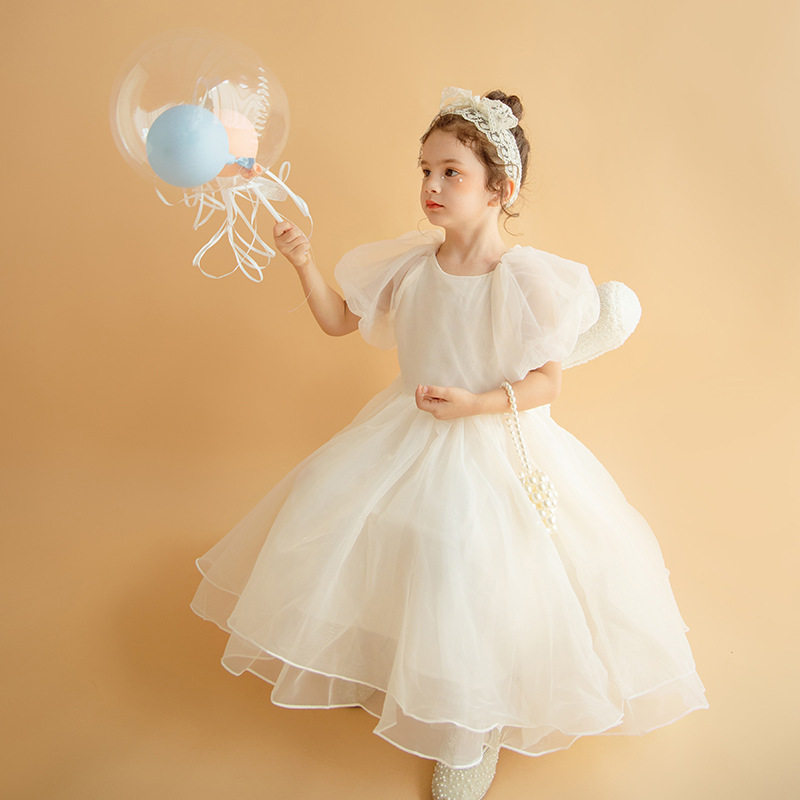 品牌女童超洋气网纱短袖公主裙夏季女孩香槟色生日宴会花童礼服裙