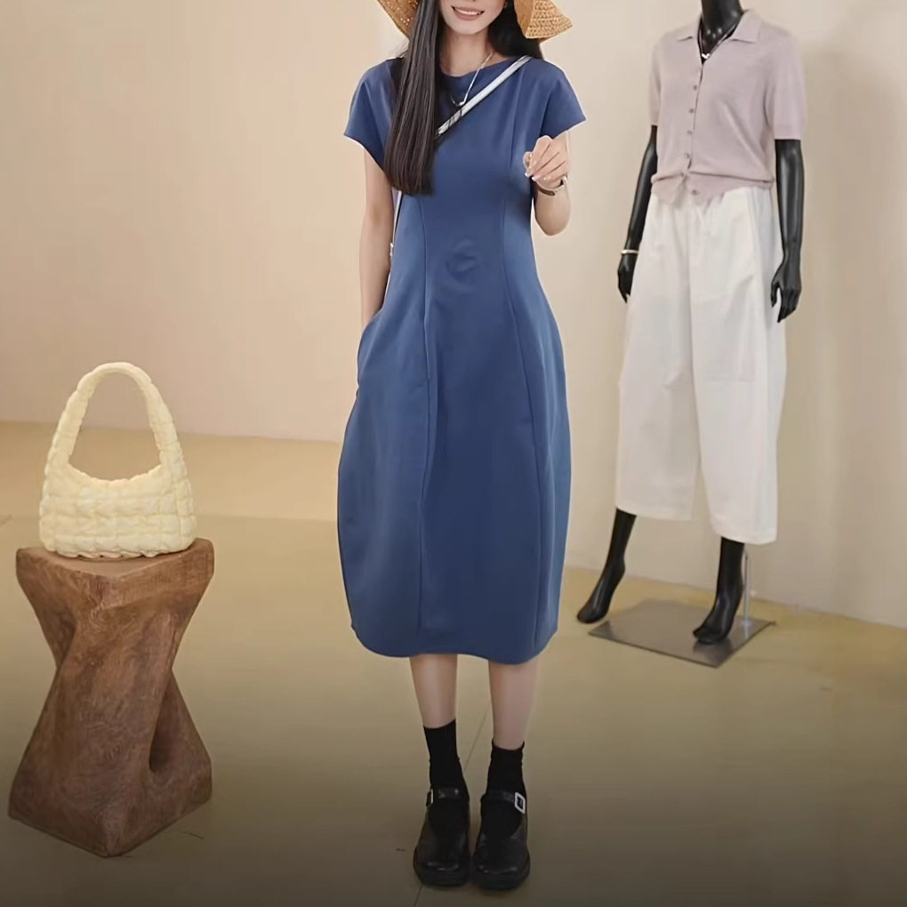 C家标准版型针织中长款短袖连衣裙修身短裙子2026春夏新品