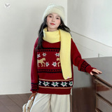 女童加厚毛衣冬季2025新款中大童小马提花针织衫本命年打底衫上衣，童装毛衣，祺儿童装
