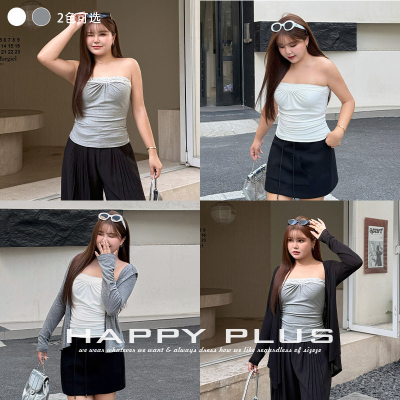 happyhut加肥加大码女装200斤胖mm裹胸美背淡颜弹力蕾丝抹胸上衣