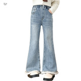 女童2025年冬季新款个性脚口毛毛边牛仔裤女大童加绒保暖喇叭裤子，童装裤子，祺儿童装