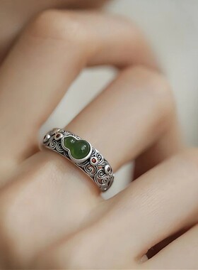 通体s925纯银碧玉祥云葫芦戒指女小众复古国风宫廷开口镶嵌新中式