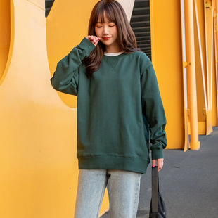 340g墨绿色卫衣套头圆领无帽宽松韩版绿色纯色oversize百搭女款