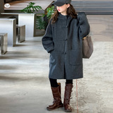 女童连帽贴标呢子大衣秋冬装2025新款中大童纯色长款盘扣毛呢外套，童装外套，祺儿童装