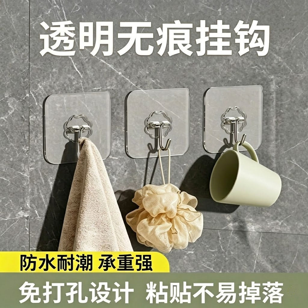 粘钩无痕免打孔厨房卫生间浴室墙壁收纳吊钩塑料粘胶钩子透明挂钩