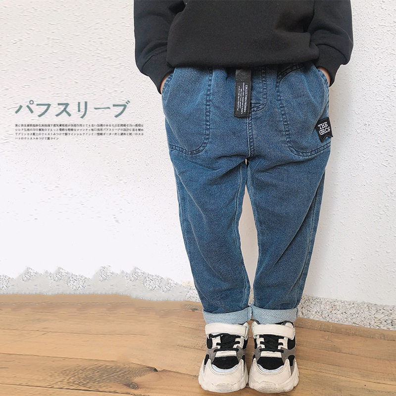 日系初秋新款童装牛仔裤 韩版洋气儿童长裤 童弹力宽松秋季下装