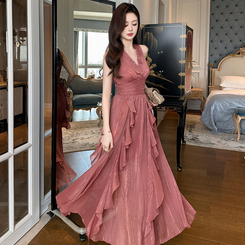 海边度假长裙2025夏季新款法式V字领收腰不规则雪纺连衣裙女50911