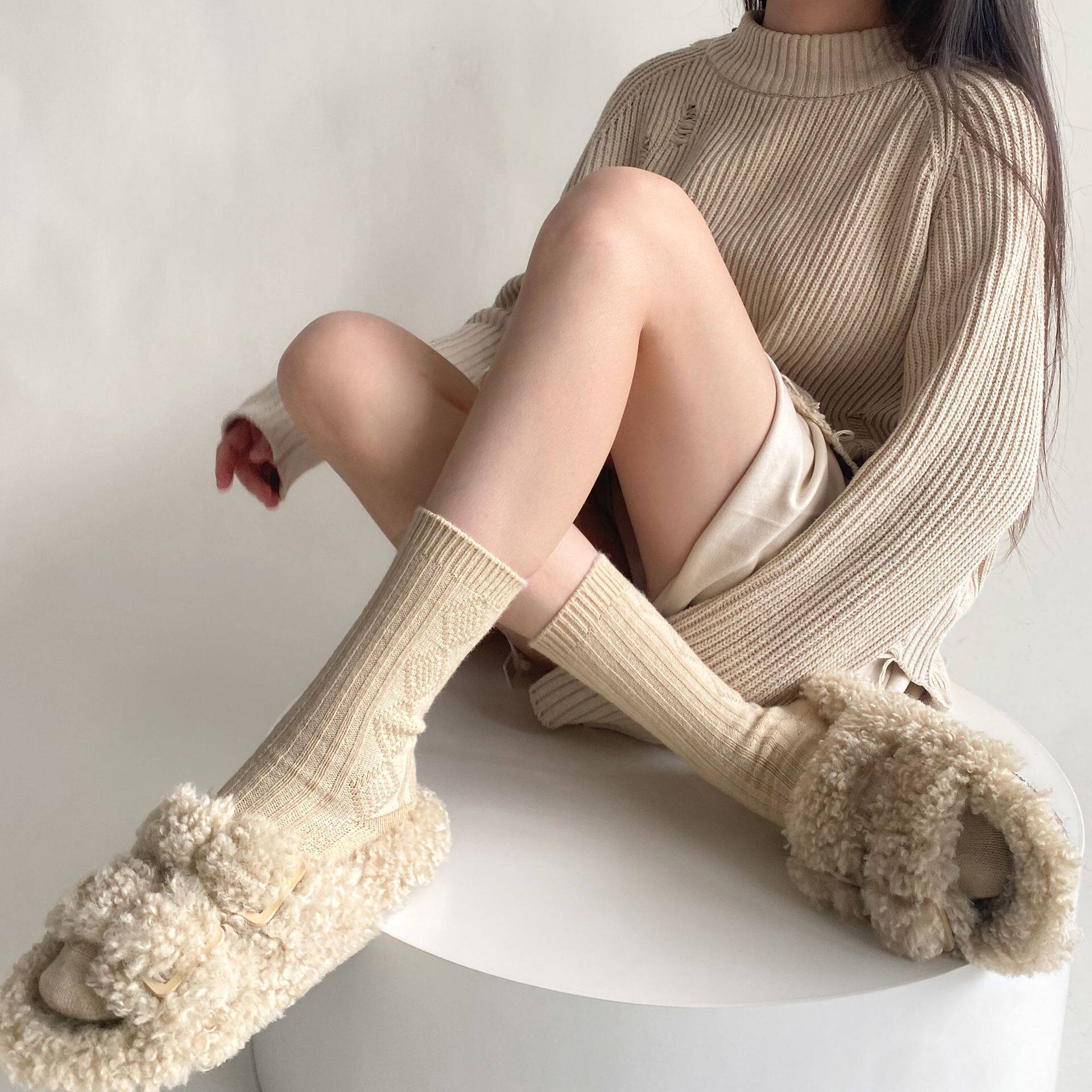 羊毛袜子女秋冬季纯色中筒袜菱格麻花保暖堆堆袜美拉德色系百搭袜