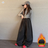 女童加绒加厚阔腿裤2025秋冬新款休闲碎花弯刀裤中大童灯笼裤长裤，童装裤子，祺儿童装