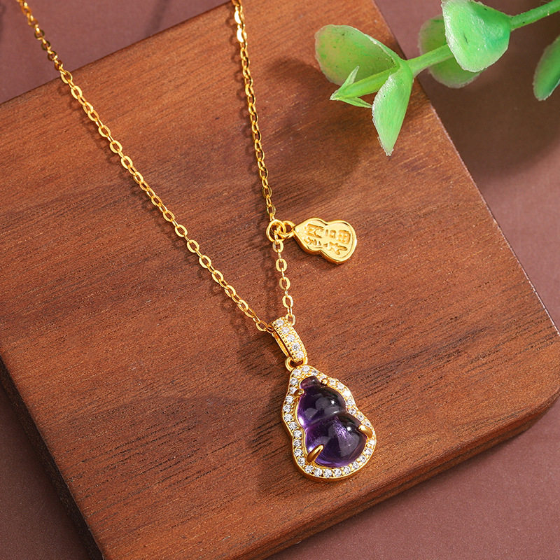 s925纯银镀黄金色新款天然紫水晶葫芦项链吊坠纳福字福禄锁骨链女