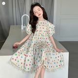 女童夏季泡泡袖连衣裙2025新款儿童韩系波点大蝴蝶结公主裙短袖裙，商品下架区，祺儿童装