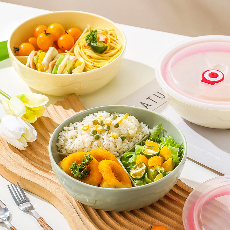 陶瓷三分格一人食脂分格盘饭盒餐碗上班族带盖保鲜碗圆形便当盒