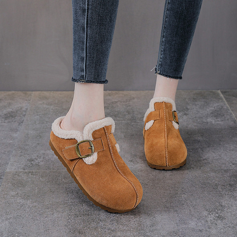 磨砂牛皮加绒勃肯毛毛鞋女冬季厚底外穿包头半拖新款百搭保暖棉鞋