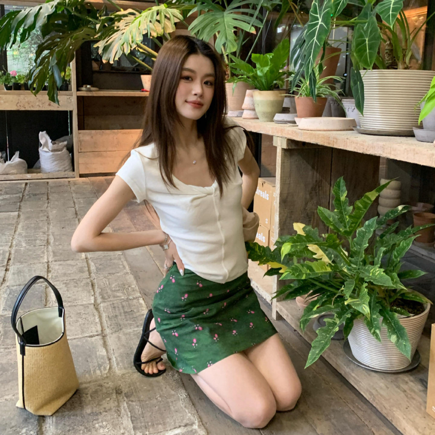 韩系温柔风碎花a字短裙女夏新款绿色腰显瘦清新百搭气质半身裙