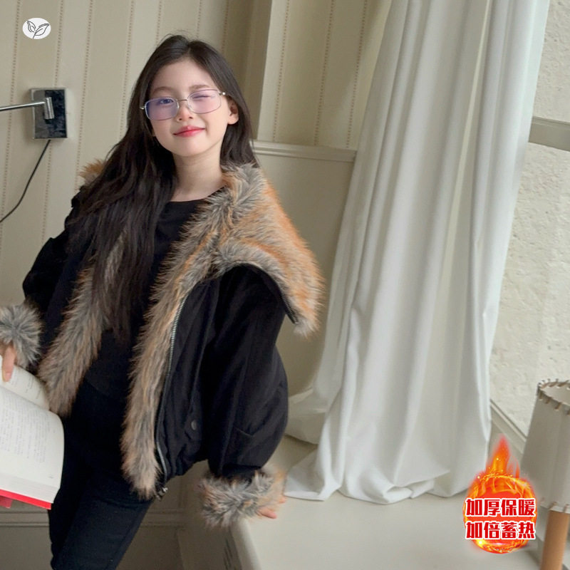 女童短款外套2025冬季新款中大童大毛领派克服时髦棉服保暖夹克衫，童装棉衣，祺儿童装