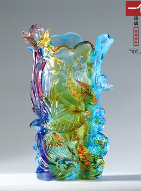琉璃花鱼荷莲花摆件客厅插花乔迁新居礼品年年有余工艺品