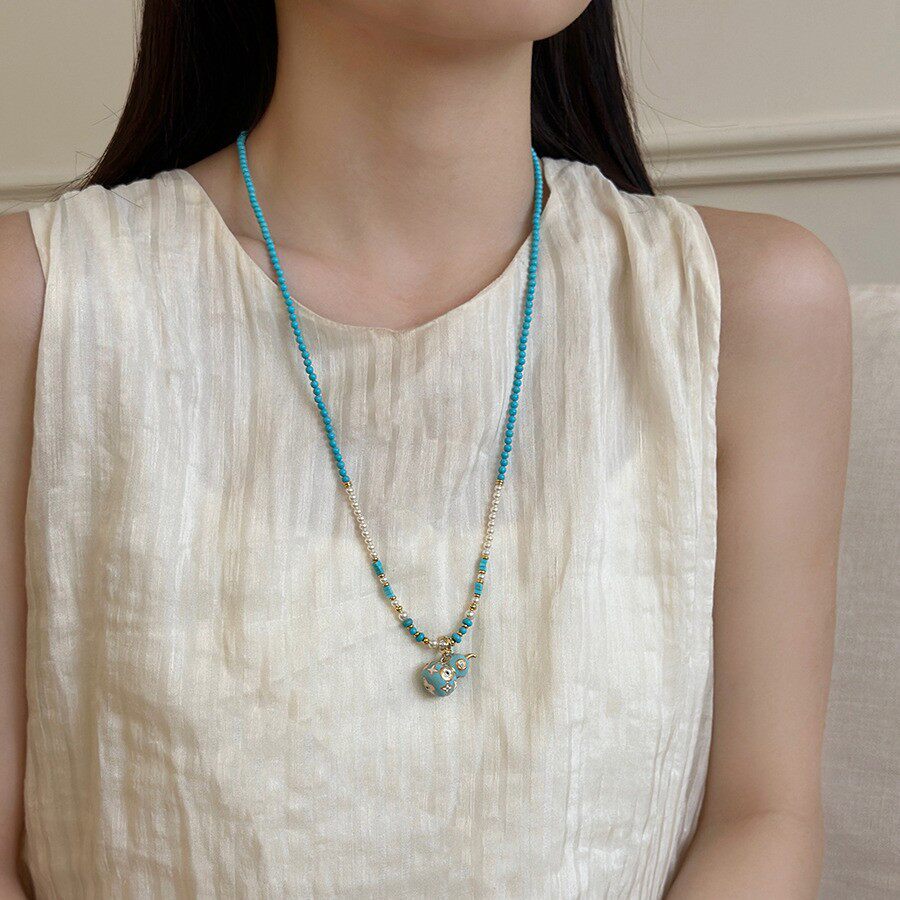 民族风多巴胺葫芦项链春夏轻奢高级感珐琅绿松石串珠长款项链饰品