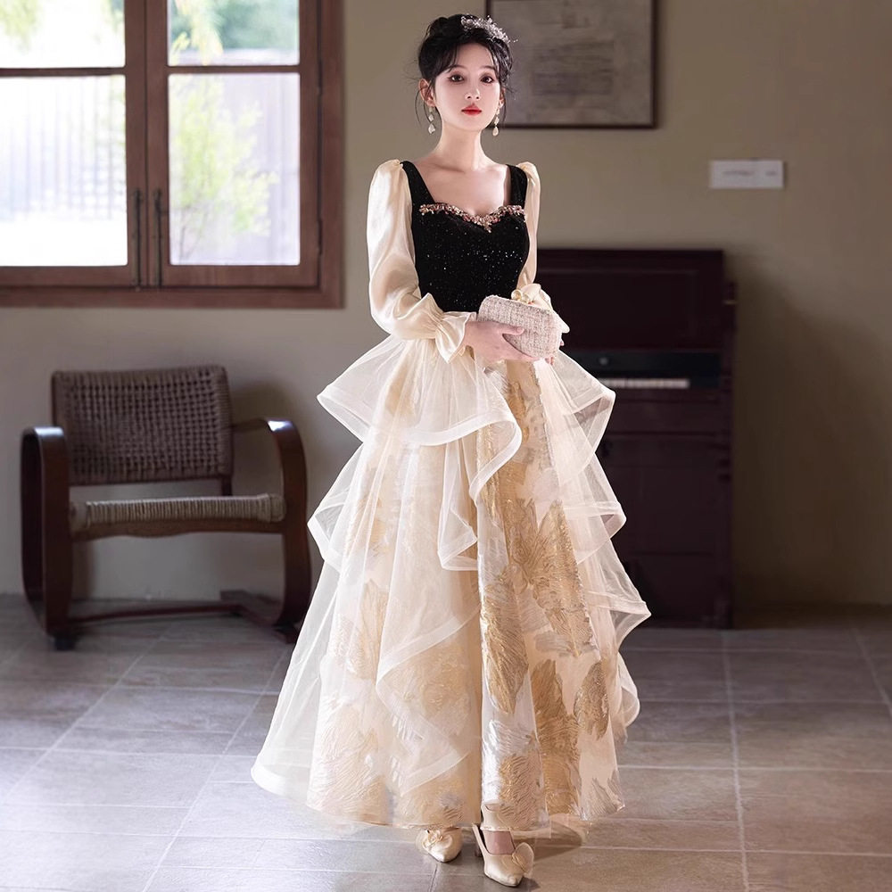 法式年会晚礼服女2026新款气质长袖在逃公主声乐艺考晚礼服连衣裙