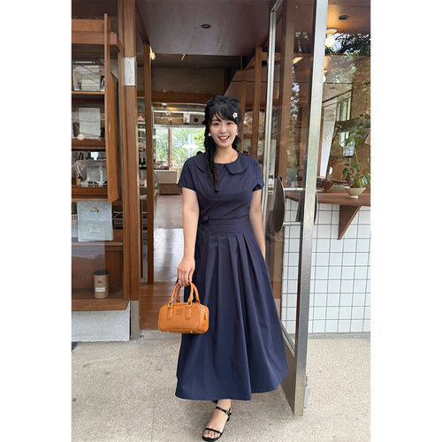 大码法式系带娃娃领长裙