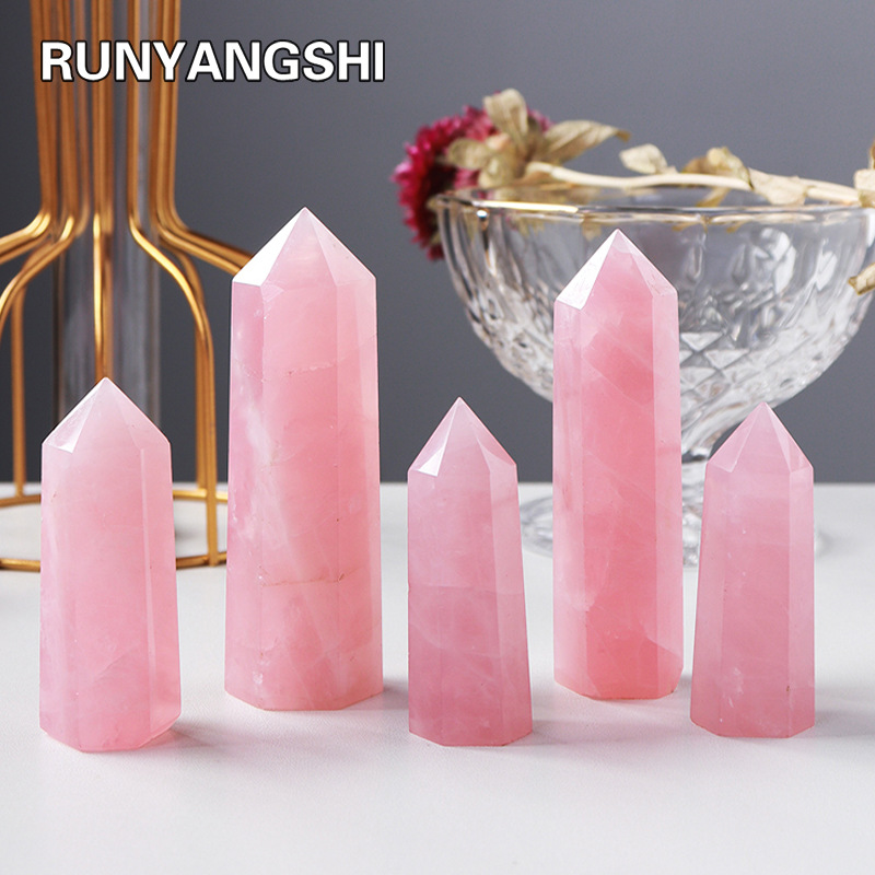 天然粉水晶六角棱形尖能量石六角柱子消磁风水摆件矿标