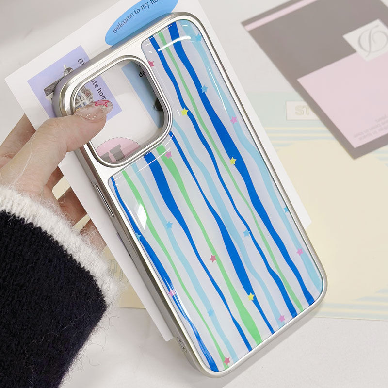 iPhone16pro手机壳15苹果14适用13Promax电镀银边滴胶创意蓝色星星图案