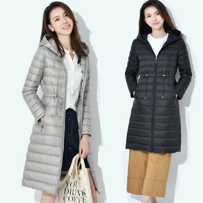 秋冬新款轻薄款加长款羽绒服女过膝韩版连帽收腰抽绳修身外套