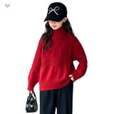 女童加厚毛衣2025秋冬新款半领花纹针织衫中大童简约内搭打底衫，童装毛衣，祺儿童装