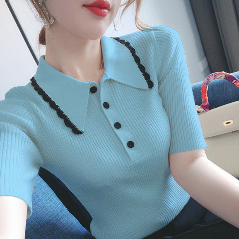 冰丝短袖T恤女夏季新款POLO领纽扣修身显瘦套头针织打底衫女上衣