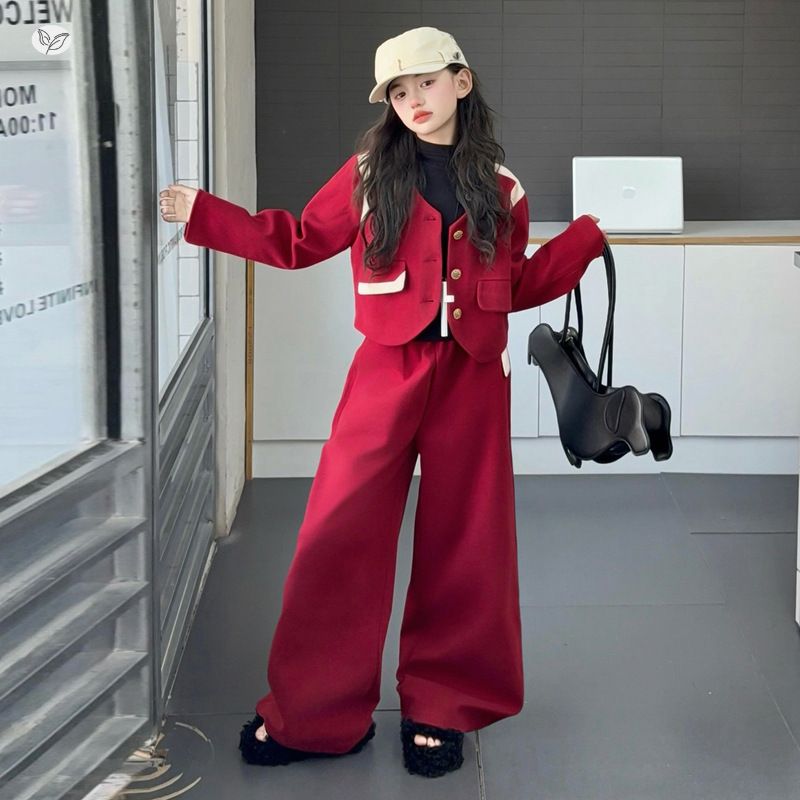 女童西服套装2025年秋季新款中大童韩系撞色外套西裤两件套春秋装，童装休闲套装，祺儿童装