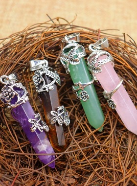 天然石头子弹头水晶尖六角柱吊坠玫瑰花梅花项链