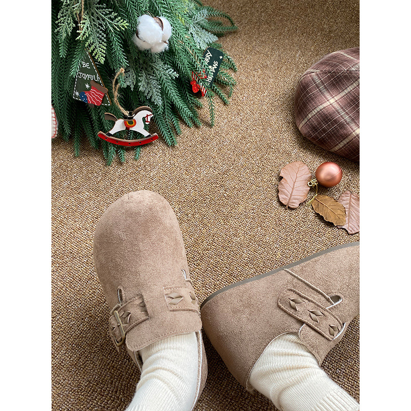 内加绒全包勃肯鞋女2025新款冬季一脚蹬厚底乐福鞋豆豆鞋棉鞋