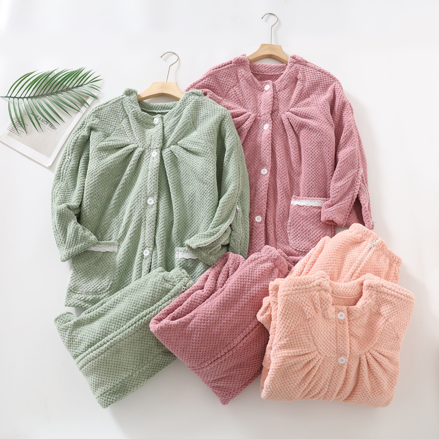 秋冬款加绒加厚法兰绒珊瑚绒护理服病号服全开易穿脱方便卧床骨折