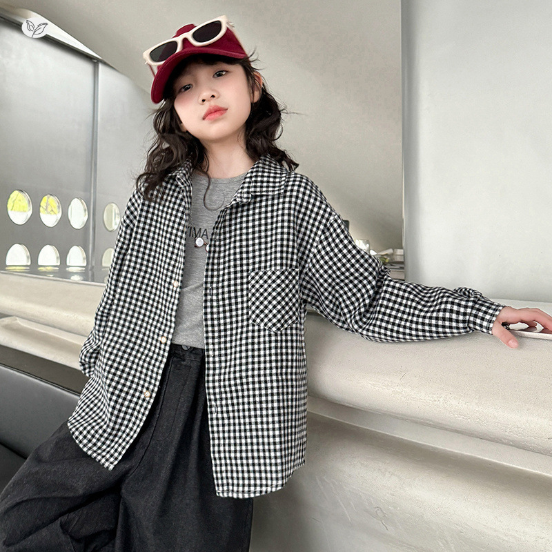 女童衬衫春秋季2025新款休闲格子衫中大童polo领外套外穿上衣儿童，童装衬衫，祺儿童装