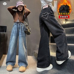 女童牛仔裤2025秋冬新款后袋爱心加绒阔腿裤中大童腰标直筒裤长裤图片