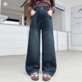 女童2025年冬季新款小清新后袋爱心刺绣牛仔裤女孩户外加绒阔腿裤，童装裤子，祺儿童装