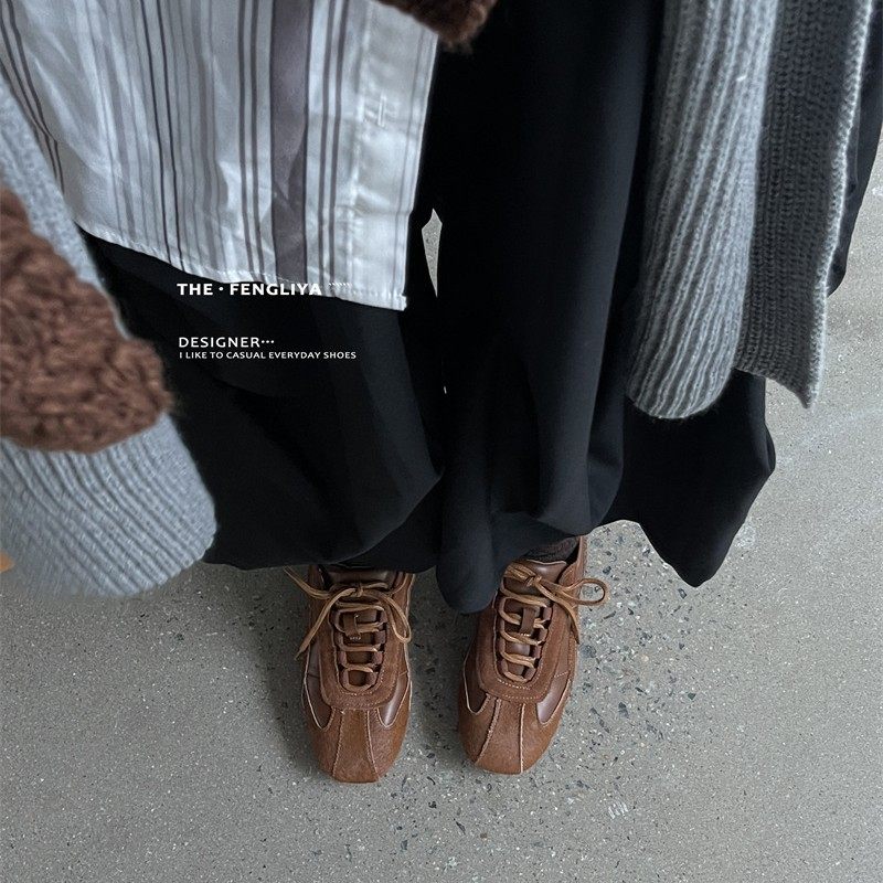 小众圆头牛皮拼马毛休闲鞋女欧洲站2025春季新款系带平底德训鞋,运动鞋new,运动休闲鞋,淘宝优惠券,粉丝福利购,淘宝优惠卷