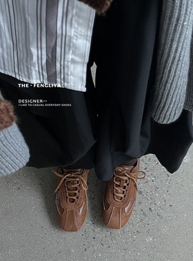 小众圆头牛皮拼马毛休闲鞋女欧洲站2025春季新款系带平底德训鞋