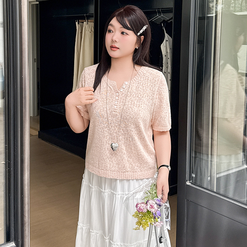 乃粒大码女装设计感上衣女针织衫2025夏胖mm宽松休闲短袖t恤22879