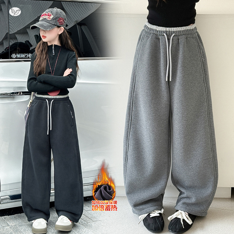 女童2025年冬季新款百搭一体绒撞腰款侧绣弯刀裤女大童加绒休闲裤，童装裤子，祺儿童装