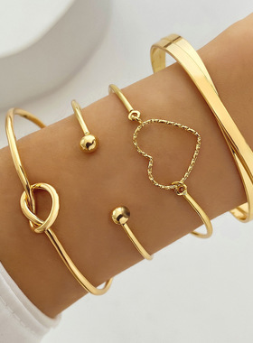 欧美跨境合金爱心打结手镯套装创意桃心爱心几何交叉手镯4件套批