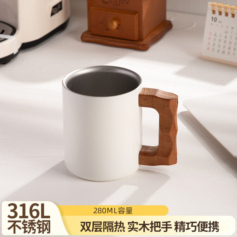 316L不锈钢咖啡杯马克杯木把咖啡杯公室双层水杯泡茶杯定制