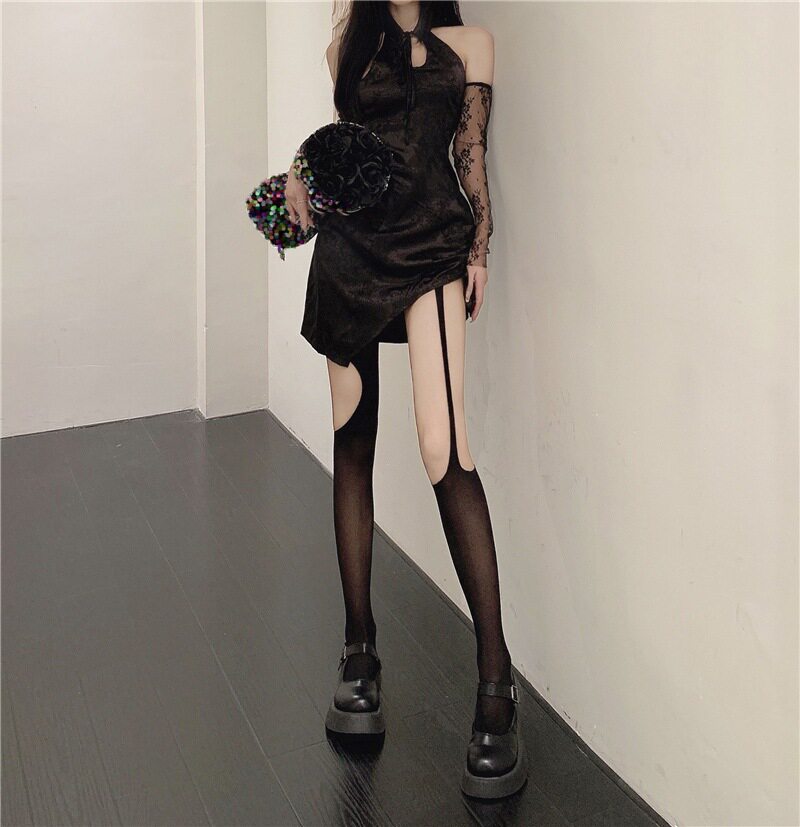不对称吊带黑丝袜子女性感破洞镂空渔网袜夏季薄款纯欲白丝连裤袜
