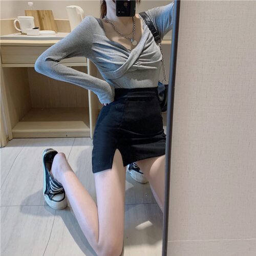 2024夏季新款chic性感半身裙腰裙子黑色短裙A字开叉包裙裙女装