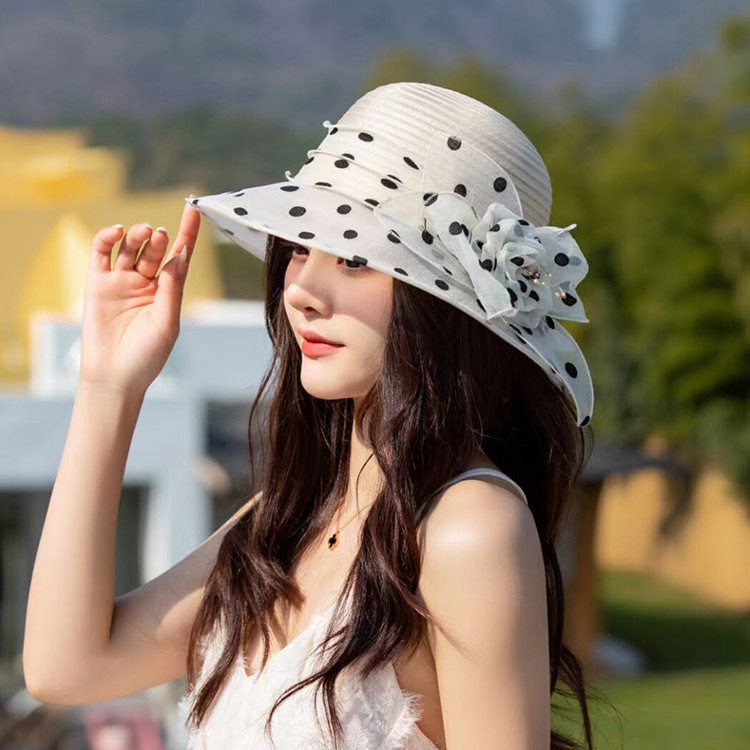 夏季妈妈欧根纱渔夫帽防晒太阳帽子出游遮阳帽时尚波点花朵装饰帽