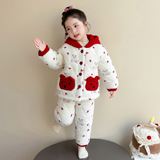 儿童珊瑚绒睡衣冬季新款女童三层夹棉套装加厚棉衣连帽家居服P112，童装家居服（睡衣），祺妙童装