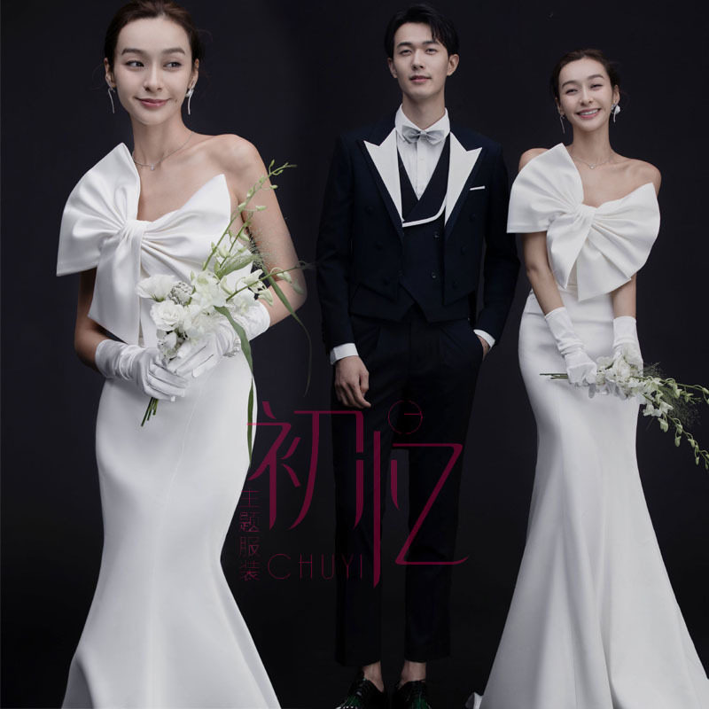 新款影楼婚纱摄影主题2026新款夏季情侣西装套装白色蝴蝶结礼服裙